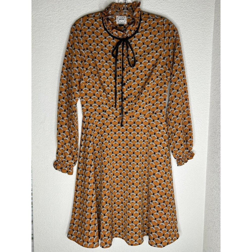 Joanie Dress Womens 4 Yellow Bee Print Long Sleeve Fit Flare Shirt Dress Retro